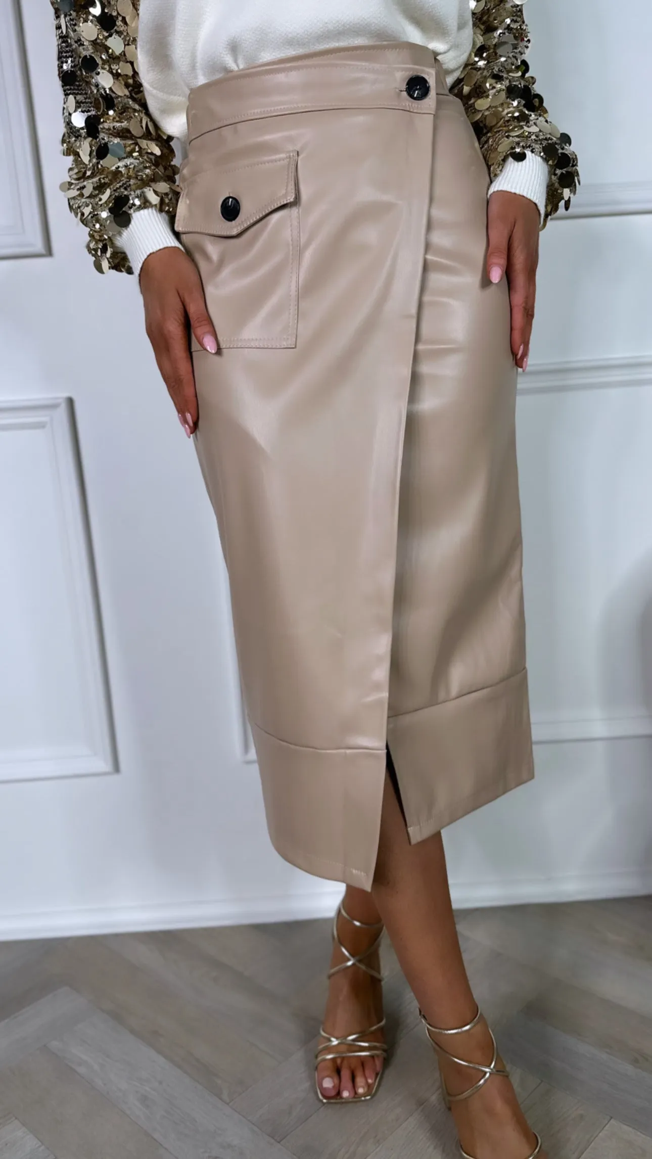 Adair Beige Leather Look Wrap Skirt