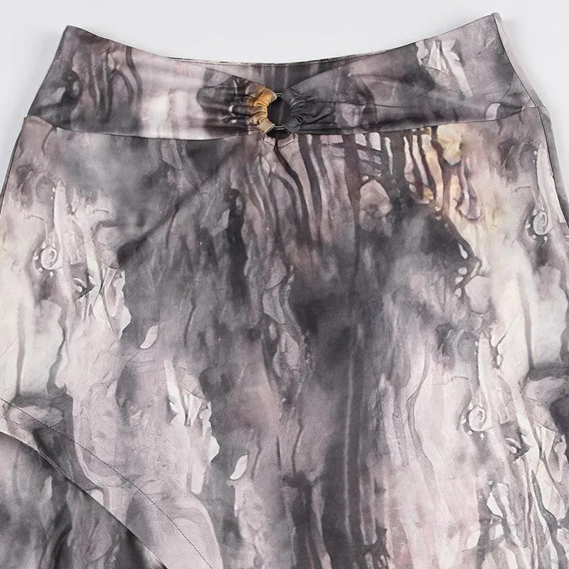 Asymmetrical Watercolor Printed Midi Skirt