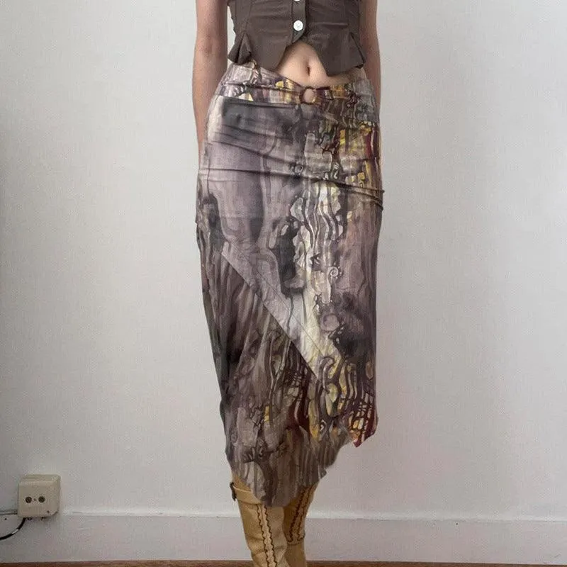 Asymmetrical Watercolor Printed Midi Skirt