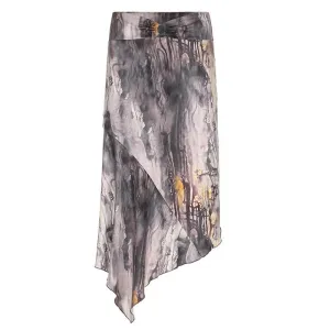 Asymmetrical Watercolor Printed Midi Skirt