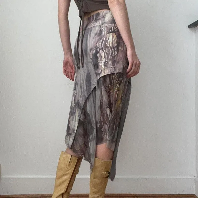 Asymmetrical Watercolor Printed Midi Skirt