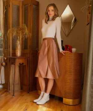 COLOR BLOCK PANEL LEATHER MIDI SKIRT WITH SIDE ZIPPER