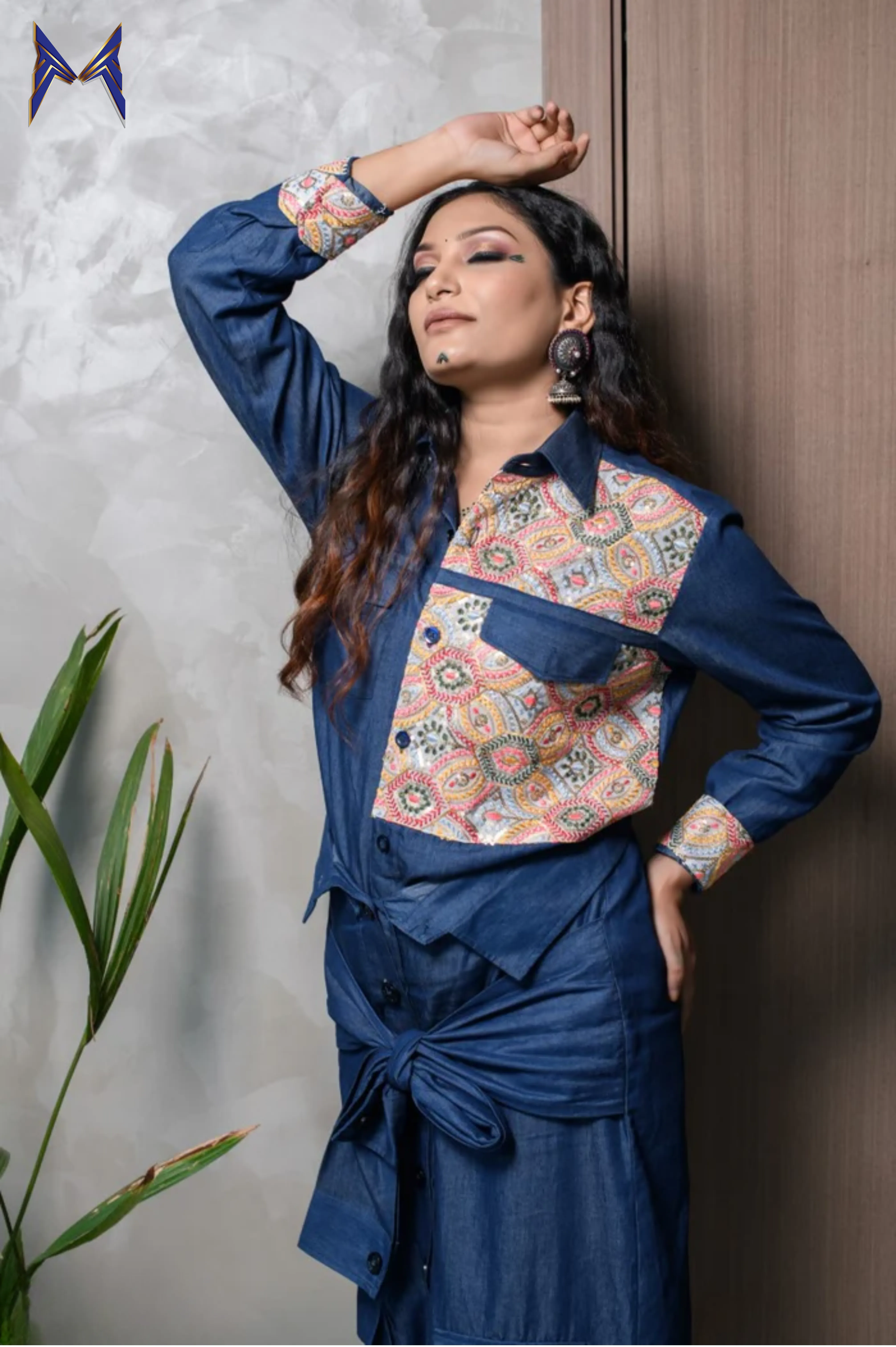 Denim Embroidered Shirt With Denim Skirt