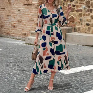 Fashion V-Neck Printed Belt Dress